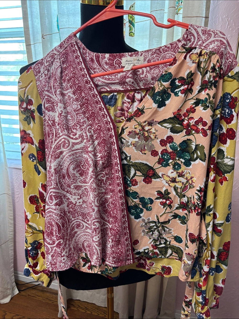 Anthropologie Mixed Floral & Paisley Tunic Top - Pink, Yellow, Burgundy